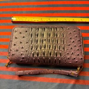 Purple Croc Ostrich Embossed Double Zip Wristlet Wallet Organizer Clutch Y2K